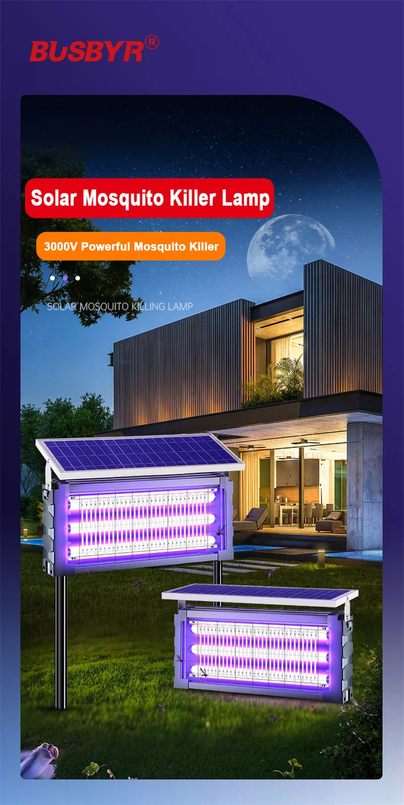Grande Lampe Solaire Anti-Moustiques LED Carrée - Tue-Mouches Extérieur pour Jardin et Pelouse