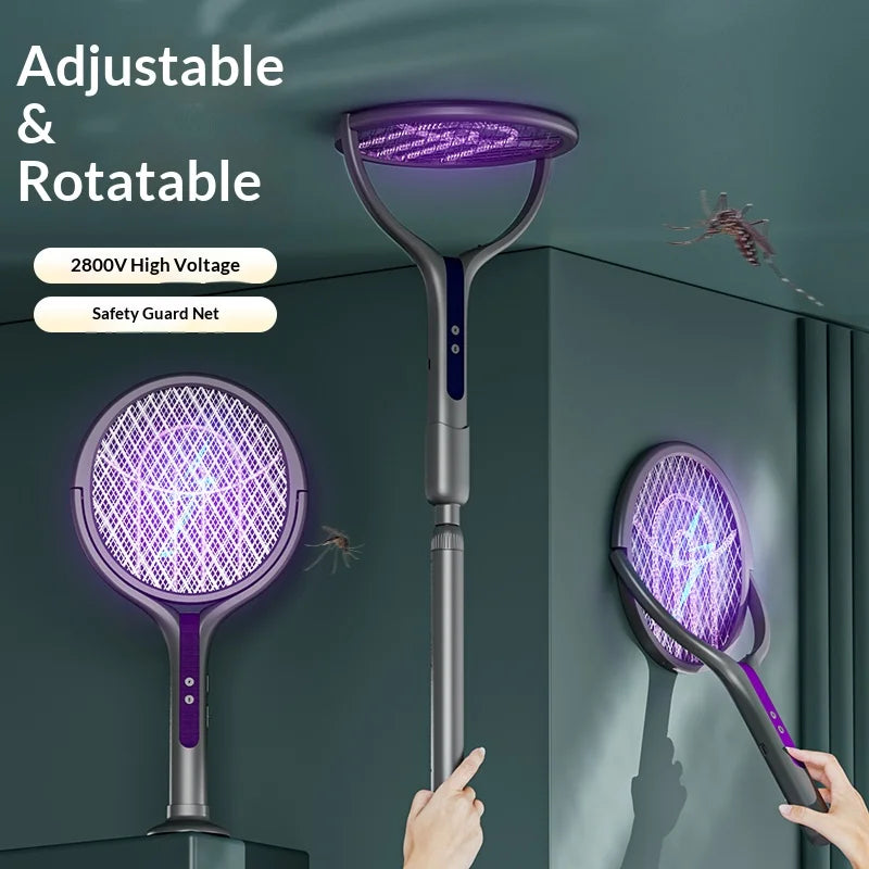 Raquette Électrique Anti-Moustiques Rechargeable avec Tête Rotative et Lampe Piège - 2 en 1 Intérieur et Extérieur