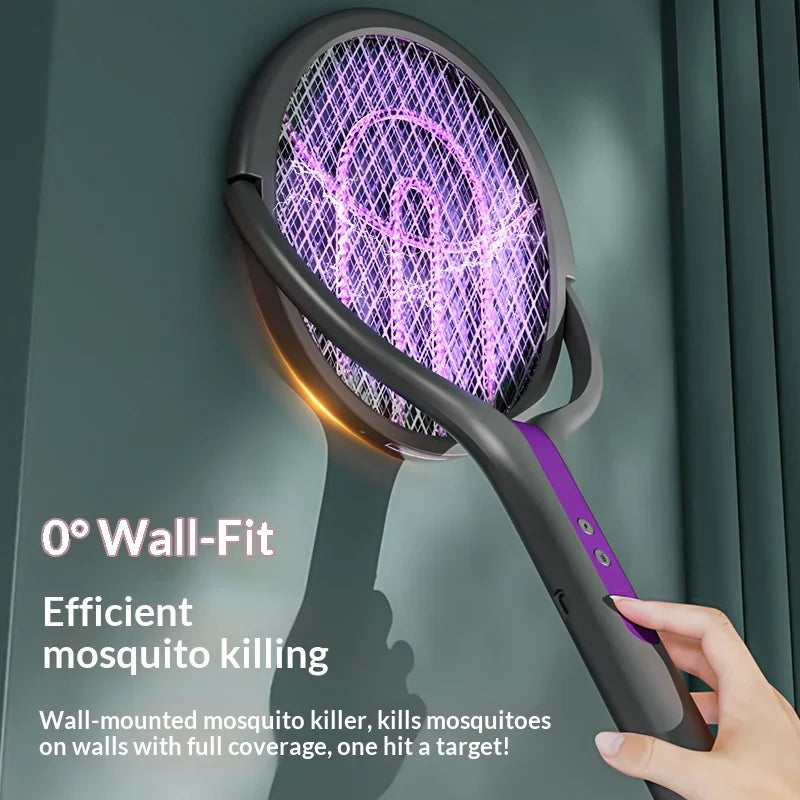 Raquette Électrique Anti-Moustiques Rechargeable avec Tête Rotative et Lampe Piège - 2 en 1 Intérieur et Extérieur