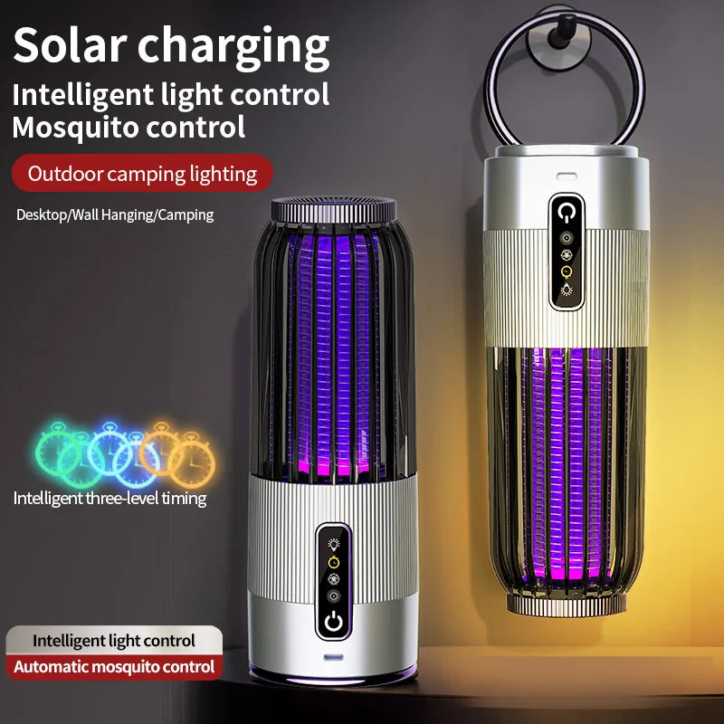 Lampe Anti-Moustiques Solaire 2500V - Charge Solaire pour Camping avec Contrôle Temporisé 3 Niveaux