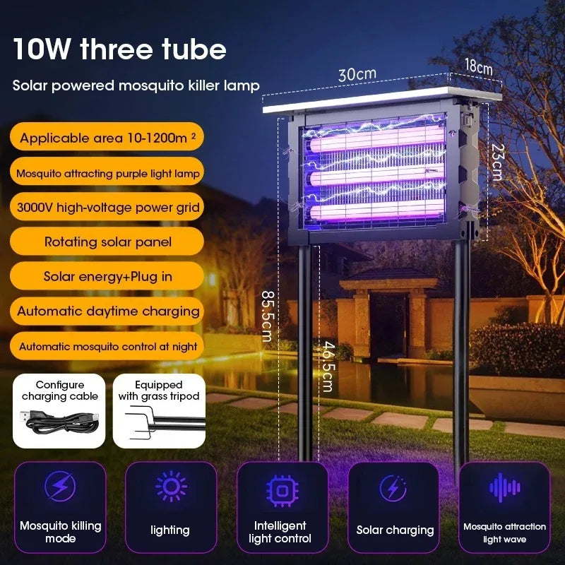 Lampe Solaire Anti-Moustiques d'Extérieur avec Piège UV - Décharge Électrique Étanche avec Capteur Automatique pour Jardin et Camping