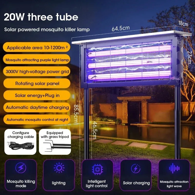 Lampe Solaire Anti-Moustiques d'Extérieur avec Piège UV - Décharge Électrique Étanche avec Capteur Automatique pour Jardin et Camping