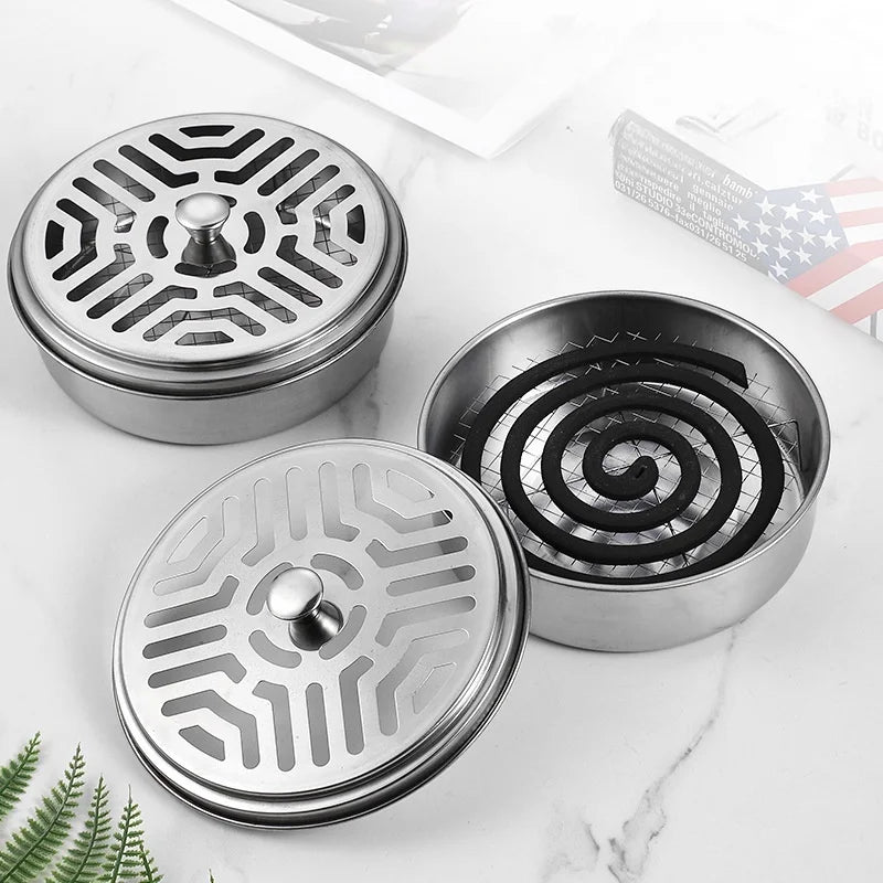 Porte-Spirales Anti-Moustiques en Acier Inoxydable avec Couvercle - Support Rond Facile à Nettoyer