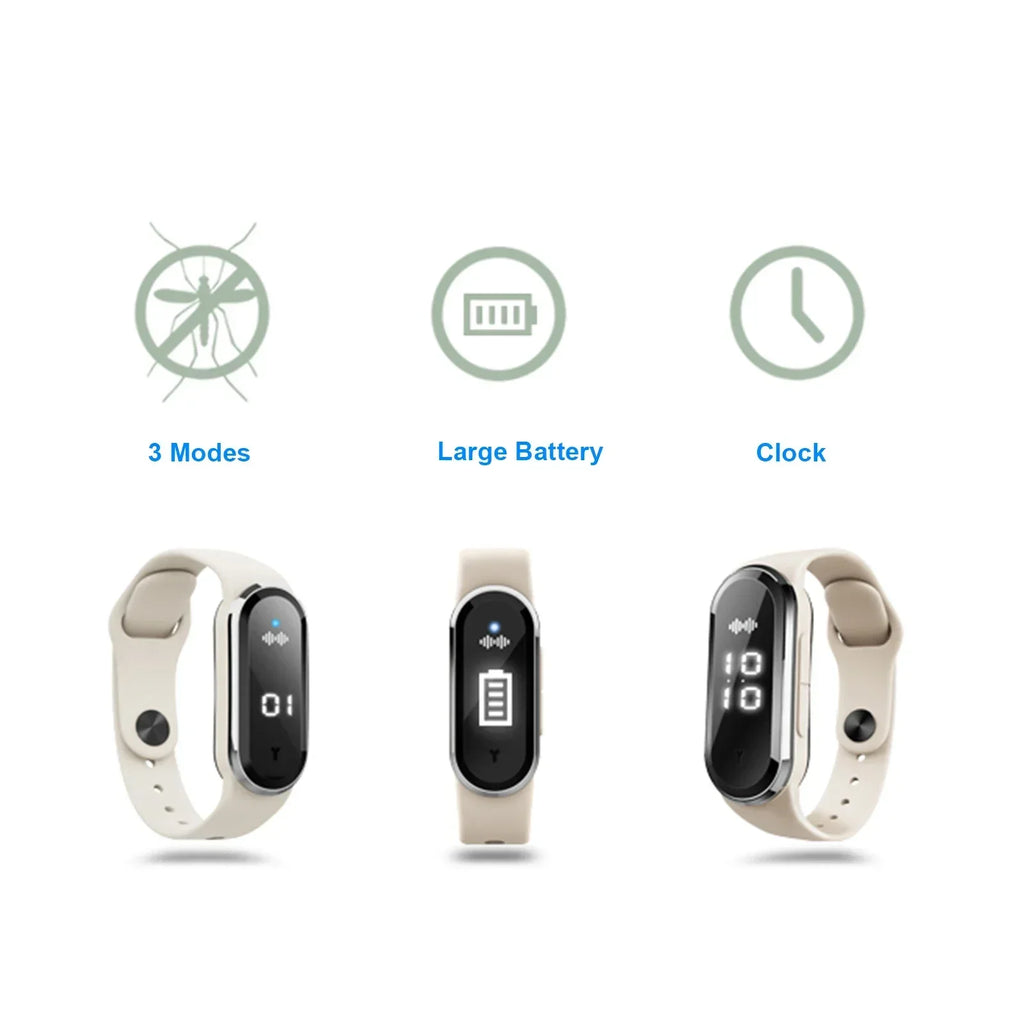 Bracelet Anti-Moustiques à Ultrasons avec Horloge - Rechargeable USB