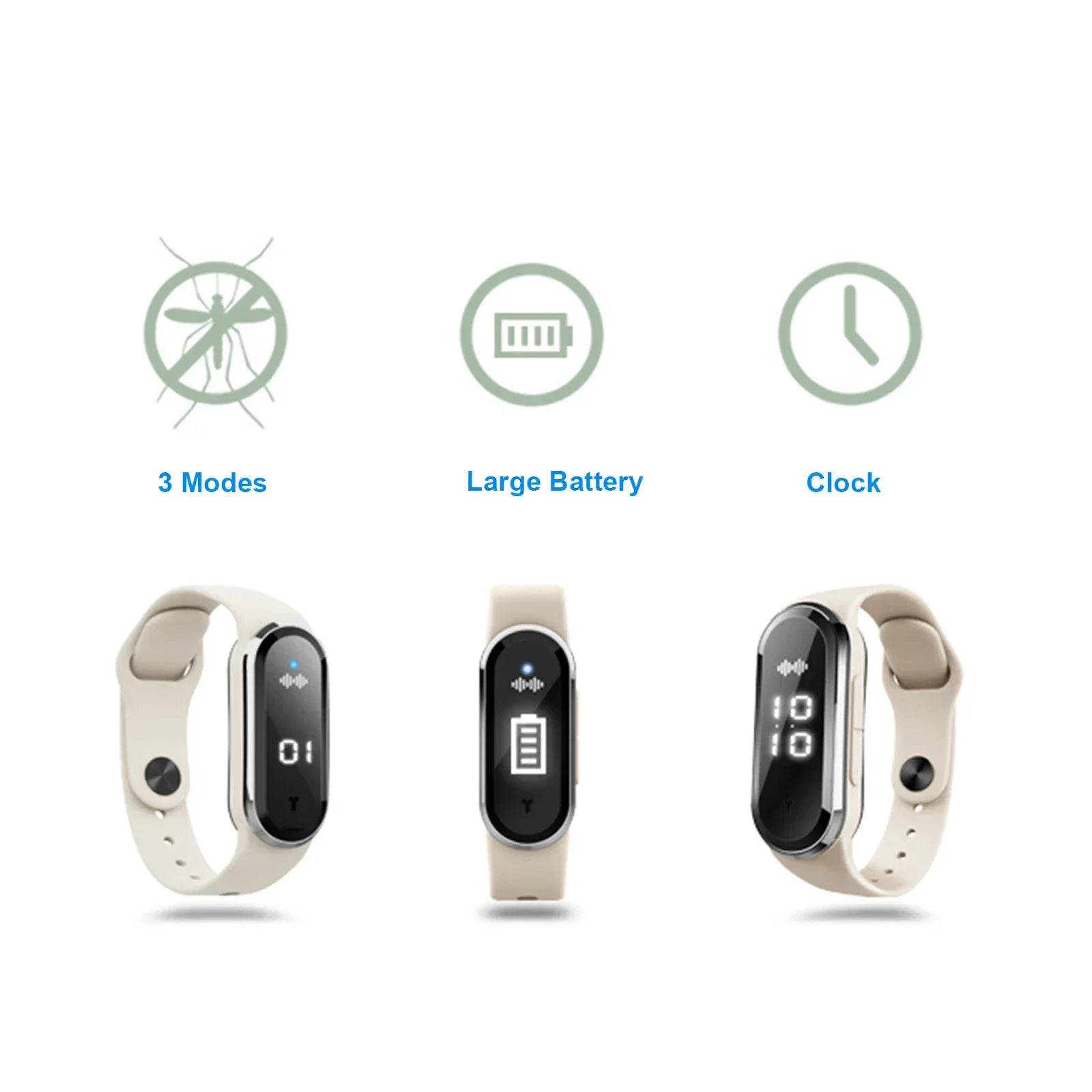 Bracelet Anti-Moustiques à Ultrasons avec Horloge - Rechargeable USB