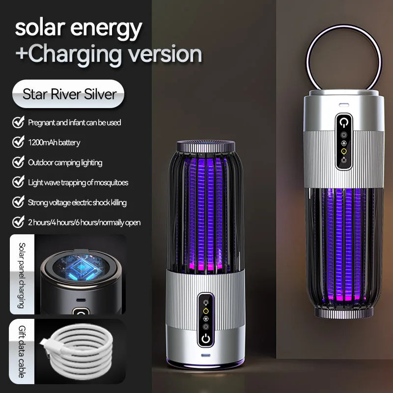 Lampe Anti-Moustiques Solaire 2500V - Charge Solaire pour Camping avec Contrôle Temporisé 3 Niveaux