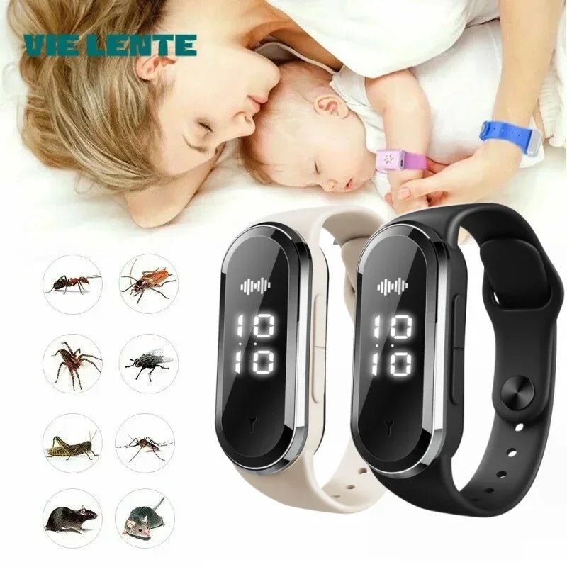 Bracelet Anti-Moustiques à Ultrasons avec Horloge - Rechargeable USB