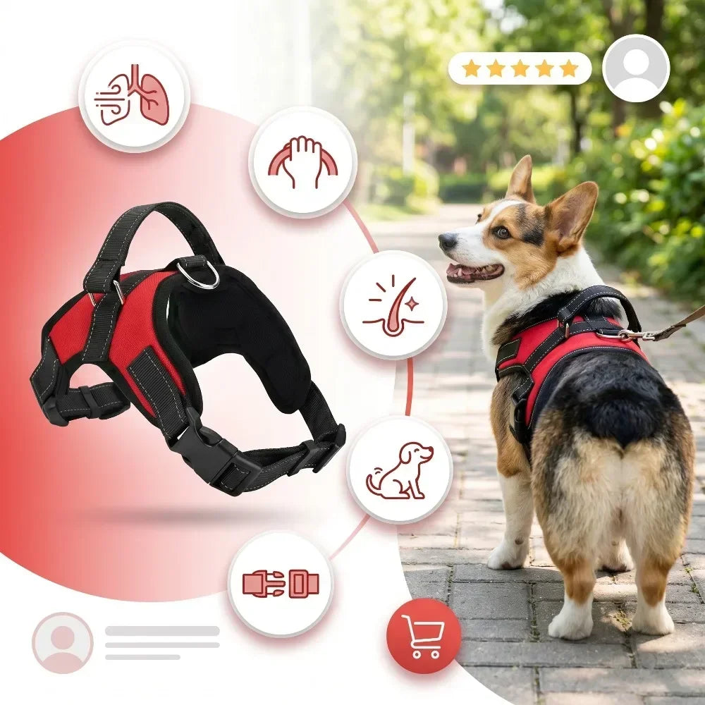 Harnais pour chien réglable antitraction – Respirant, réfléchissant, avec poignée et câble 1,5 m