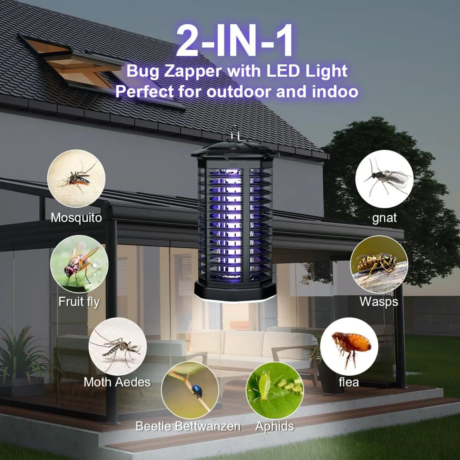Piège à Moustiques Étanche LED UV avec Décharge Électrique - Pour Extérieur, Maison, Jardin, Terrasse, Camping