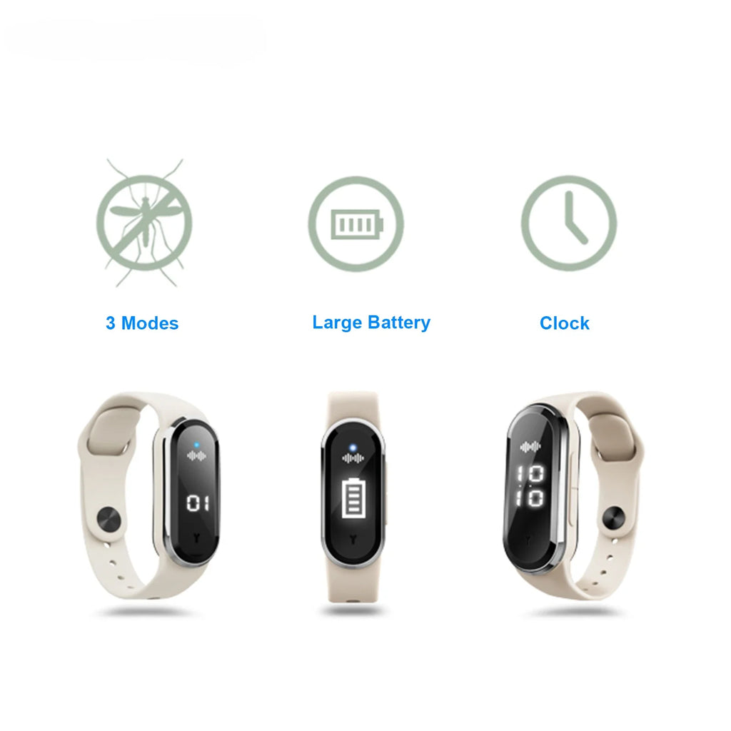 Bracelet Anti-Moustiques à Ultrasons avec Horloge - Rechargeable USB