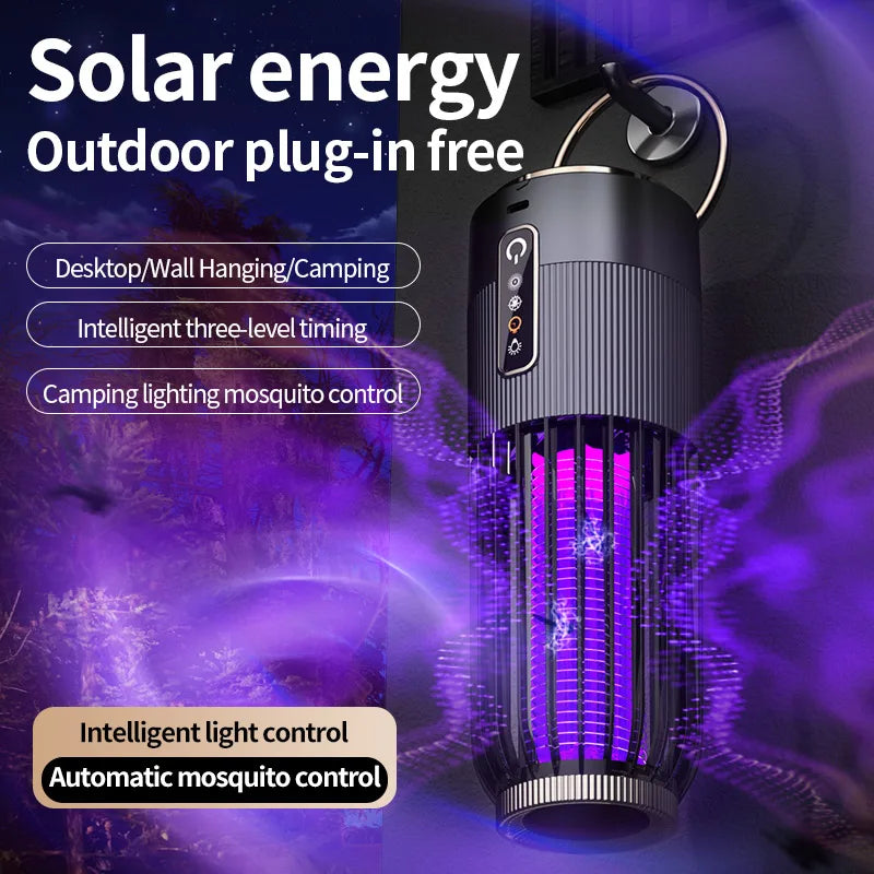 Lampe Anti-Moustiques Solaire 2500V - Charge Solaire pour Camping avec Contrôle Temporisé 3 Niveaux