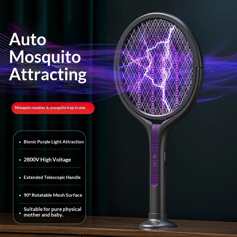 Raquette Électrique Anti-Moustiques Rechargeable avec Tête Rotative et Lampe Piège - 2 en 1 Intérieur et Extérieur