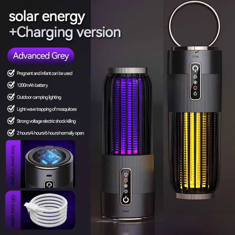 Lampe Anti-Moustiques Solaire 2500V - Charge Solaire pour Camping avec Contrôle Temporisé 3 Niveaux